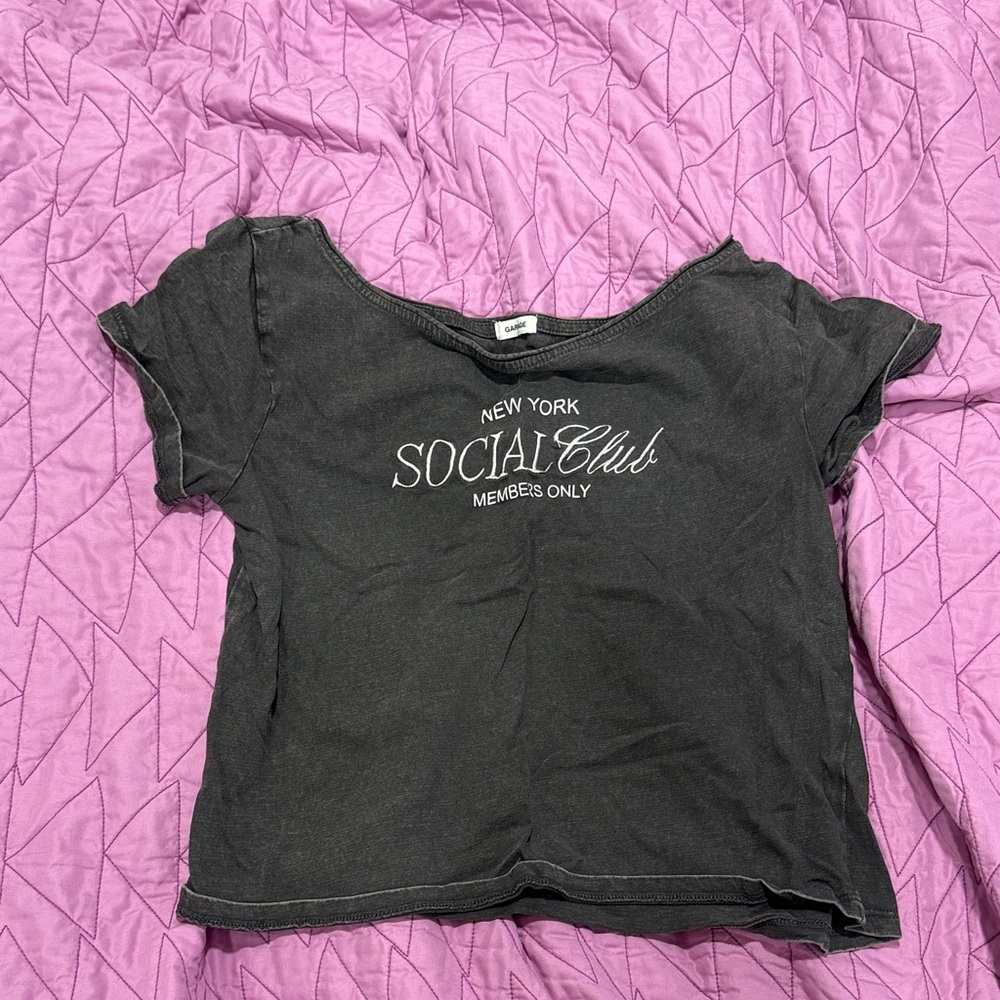 Garage Black Short Sleeve Tee off the shoulder